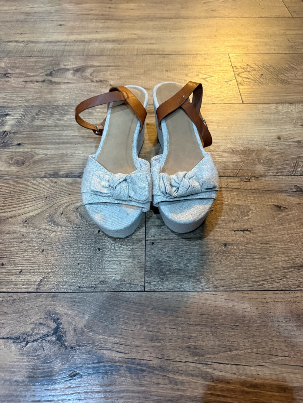 BAMBOO Light Beige Bow Espadrille Wedge Sandals with Brown Ankle Strap - Picture 1 of 5